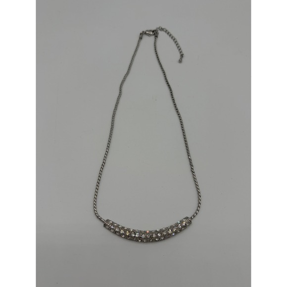 Jewelry - Silver Tone Rhinestone Pavé Curved Bar Pendant Necklace Twisted Rope Chain 16in